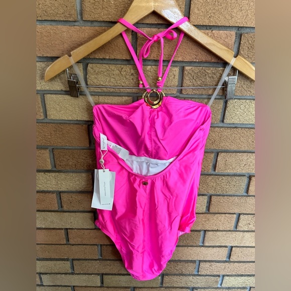 SUNSHINE 79 Sunshine Solids High Neck One Piece Gold Hardware Electric Pink Sz 4 - Picture 5 of 6